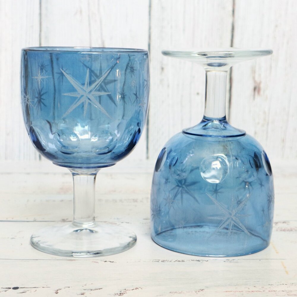 1960s Atomic Star Blue Goblets Thumbprint Glasses Vintage Bartlett Colins USA